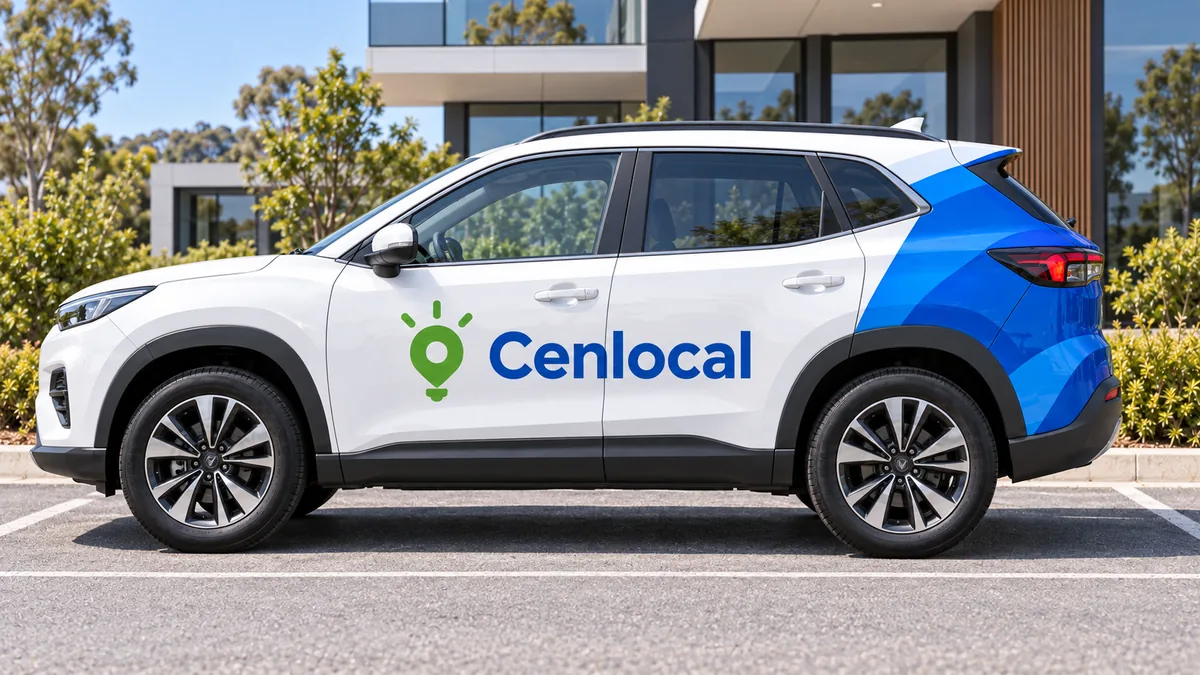 Cenlocal promotional vehicle concept with blue and green branding.